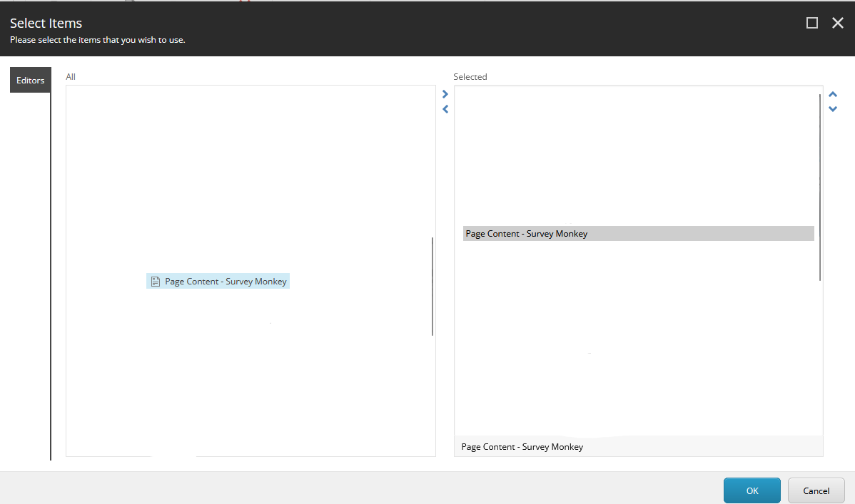 A dialog box in a CMS for selecting items, with 'Page Content - Survey Monkey' available.