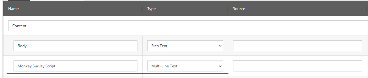 A screenshot of a content management system interface with empty text entry fields labeled 'Content' and 'Body.'