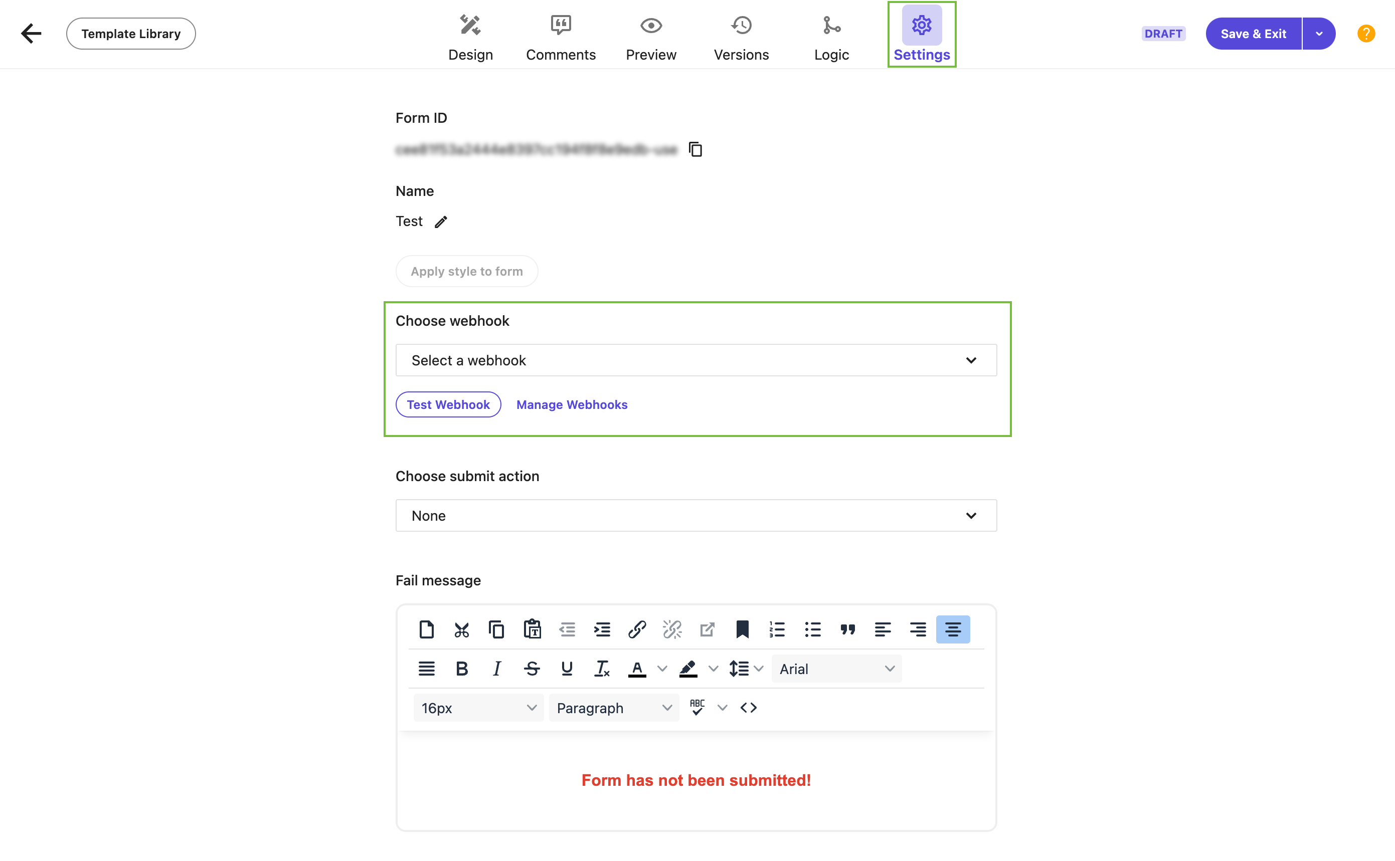 A form settings menu in Sitecore XM Cloud with options for webhooks and submission actions.