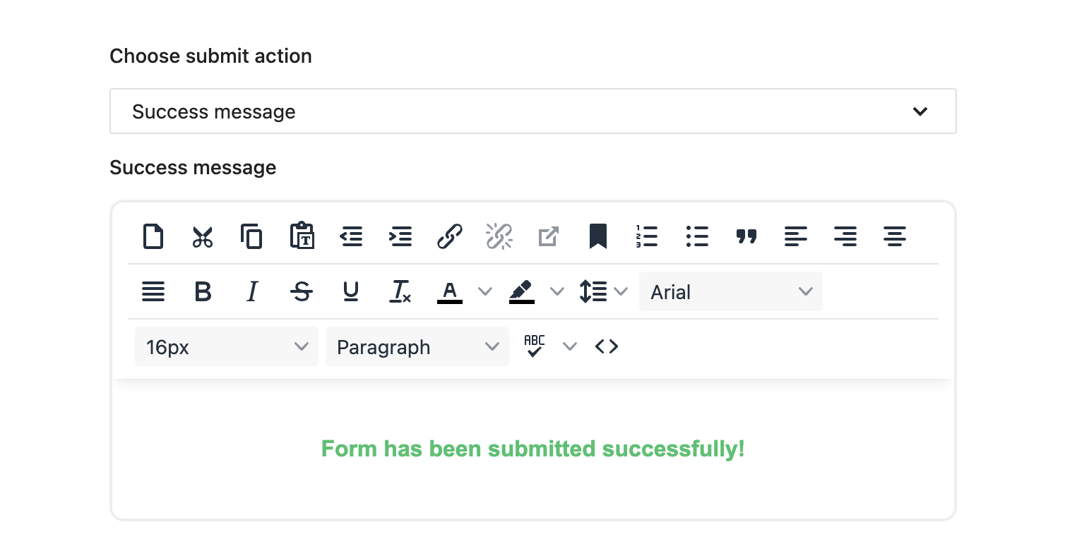 An editor window for customizing a success message upon form submission.