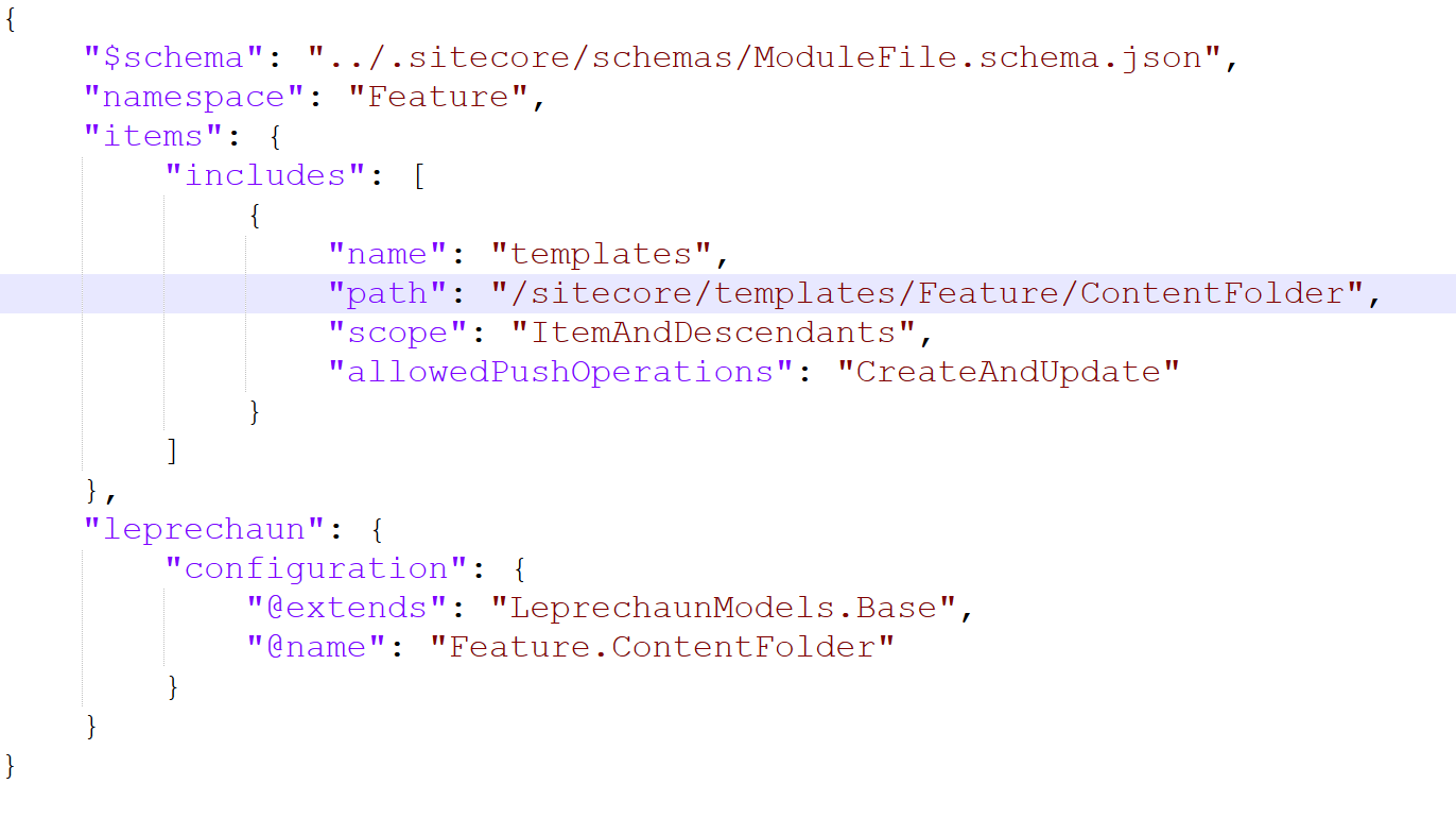 Detailed JSON configuration for a module including 'name', 'path', and 'commands'.