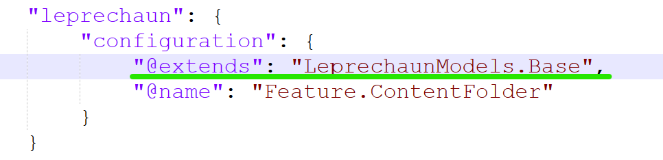 Screenshot of a JSON file displaying detailed configuration for a content module including 'items' and 'leprechaun' settings.