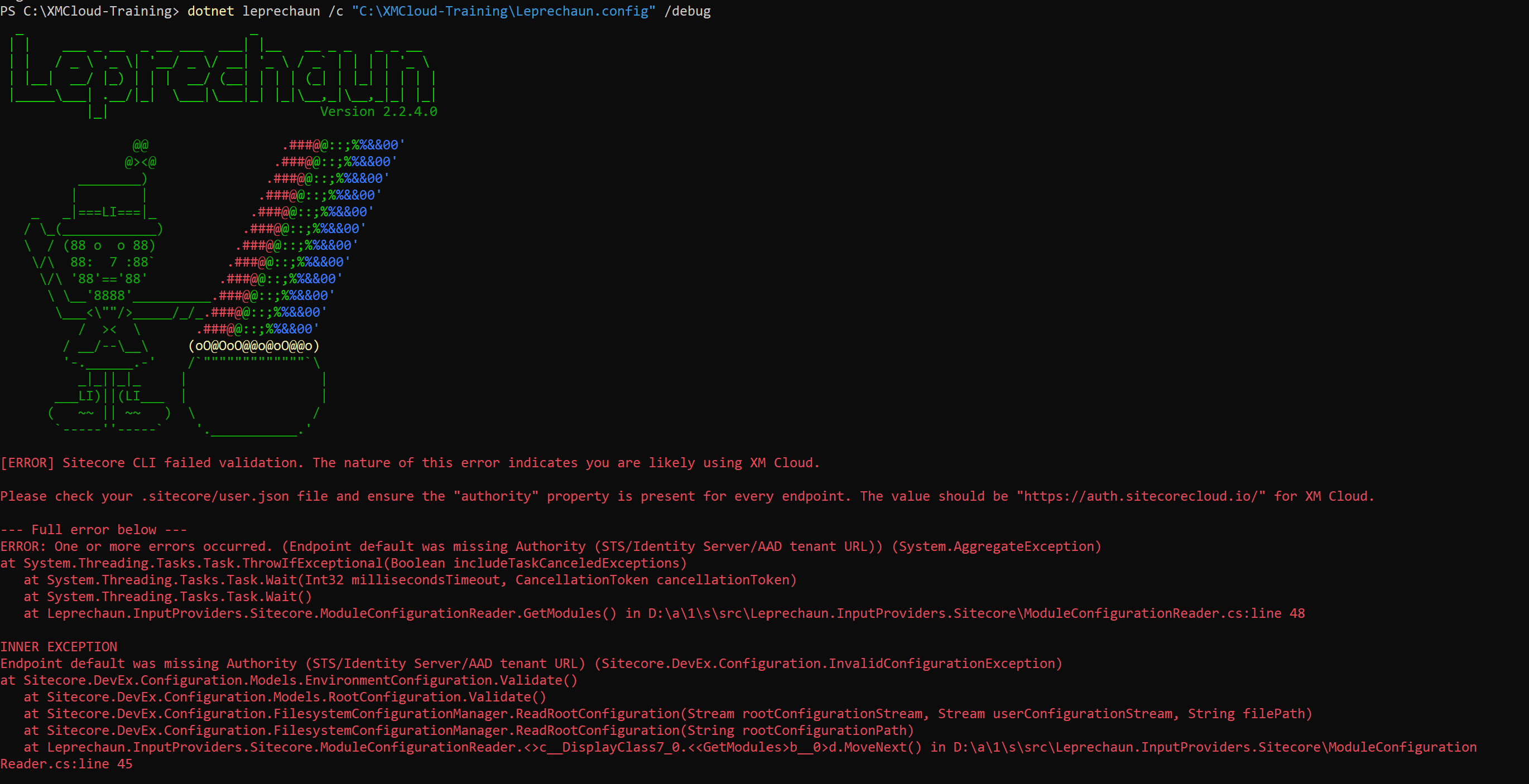 Error message in Leprechaun indicating a missing authority endpoint for XM Cloud.