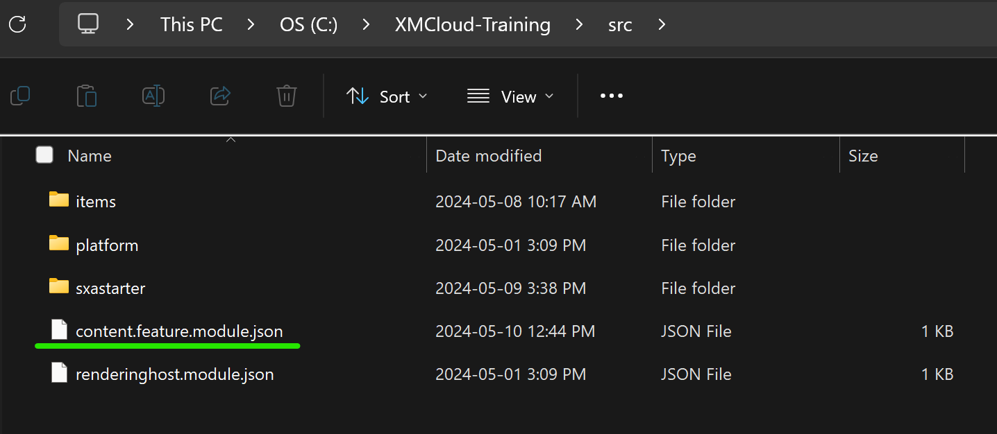 Screenshot of a directory showing the location of JSON module files including content.feature.module.json and renderinghost.module.json.
