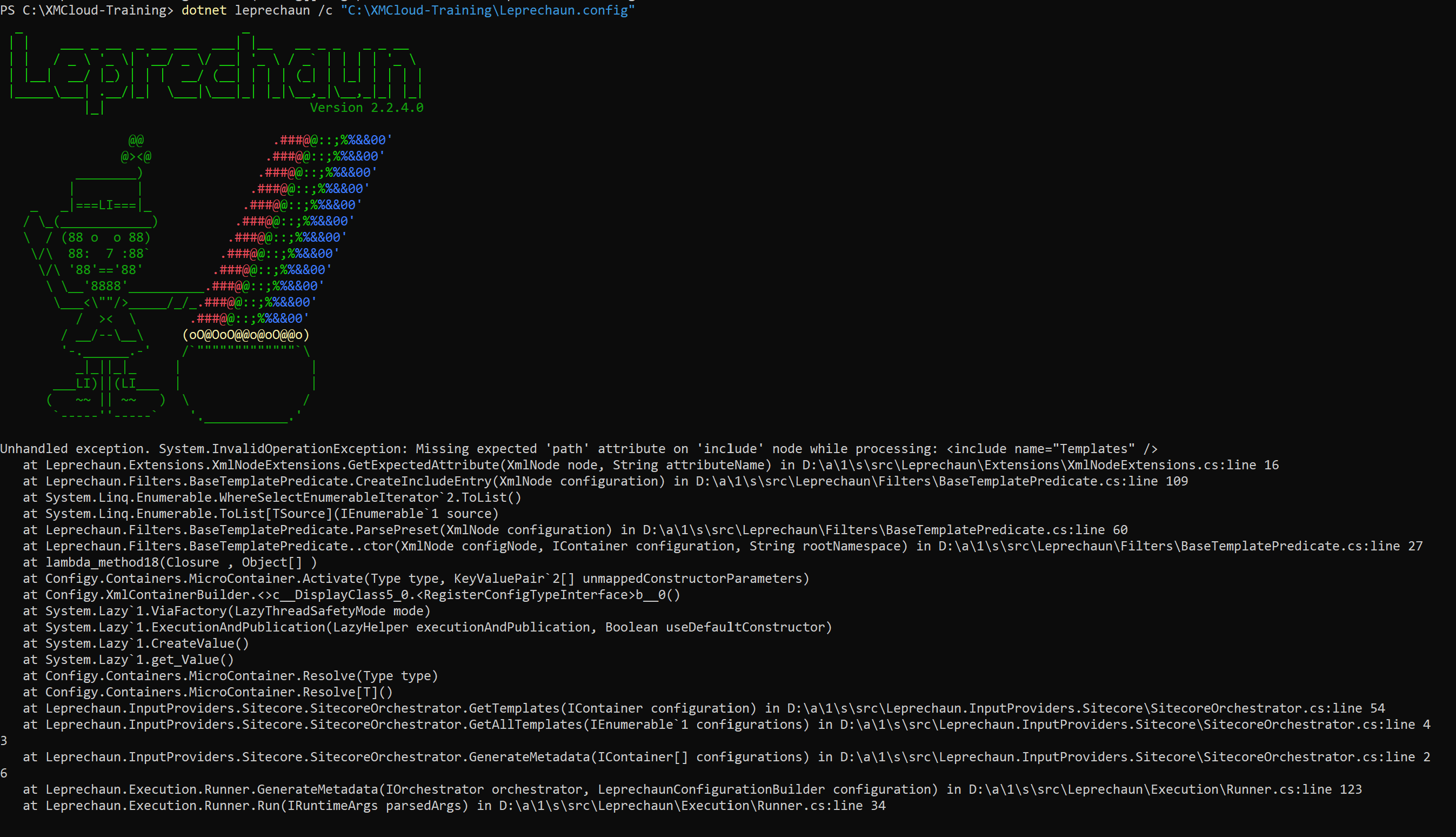 Terminal output showing an unhandled exception due to a missing 'path' attribute in an XML configuration.