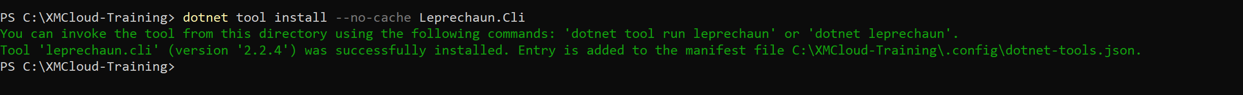 Terminal output displaying the installation steps for Leprechaun CLI tool with version details.