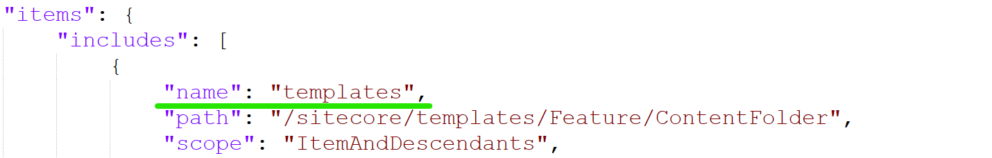 Close-up of a JSON configuration showing the template name and path settings.