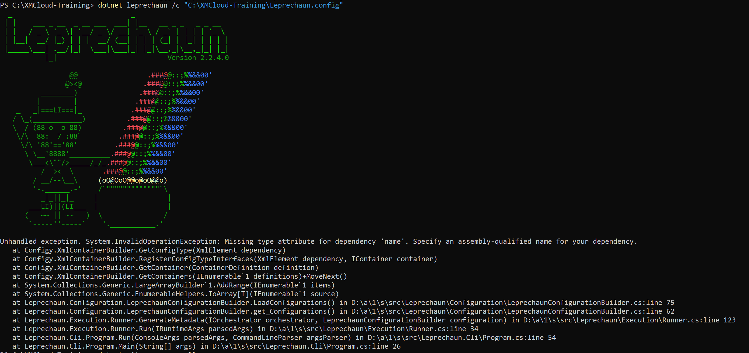 Terminal output of Leprechaun showing a system exception related to a missing type attribute in a dependency.