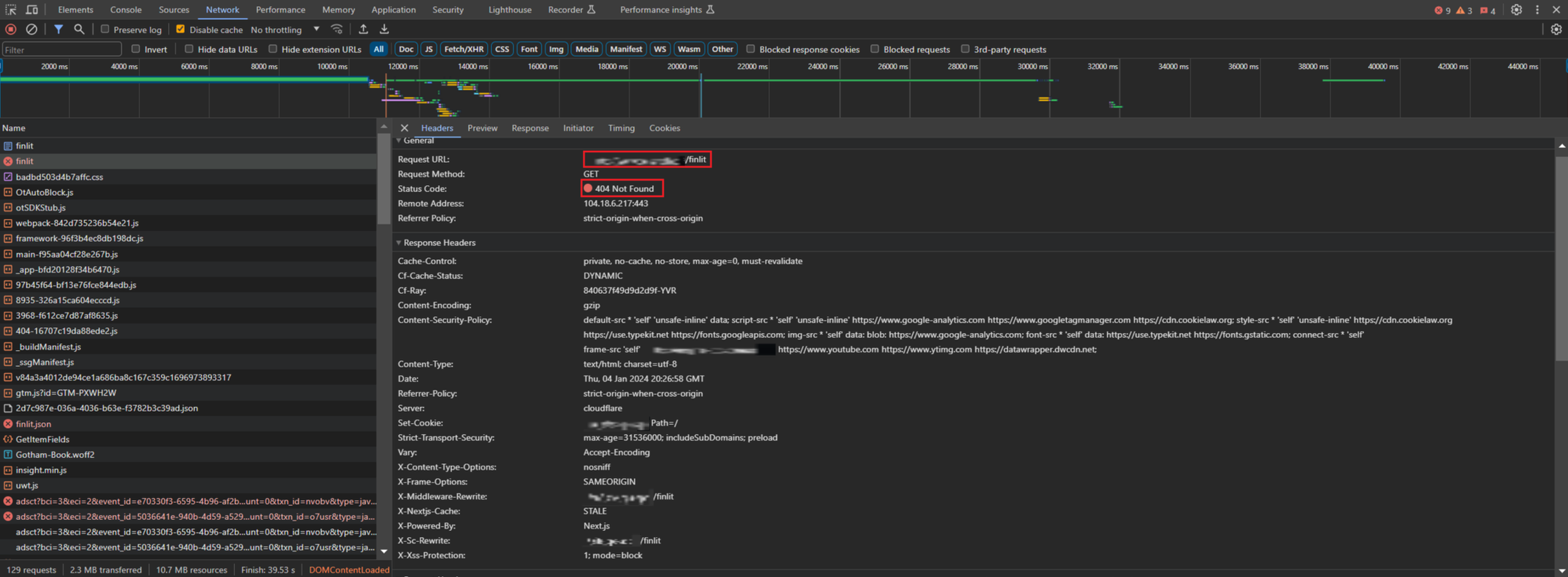 Browser developer tools network tab showing a 404 Not Found error for a GET request.
