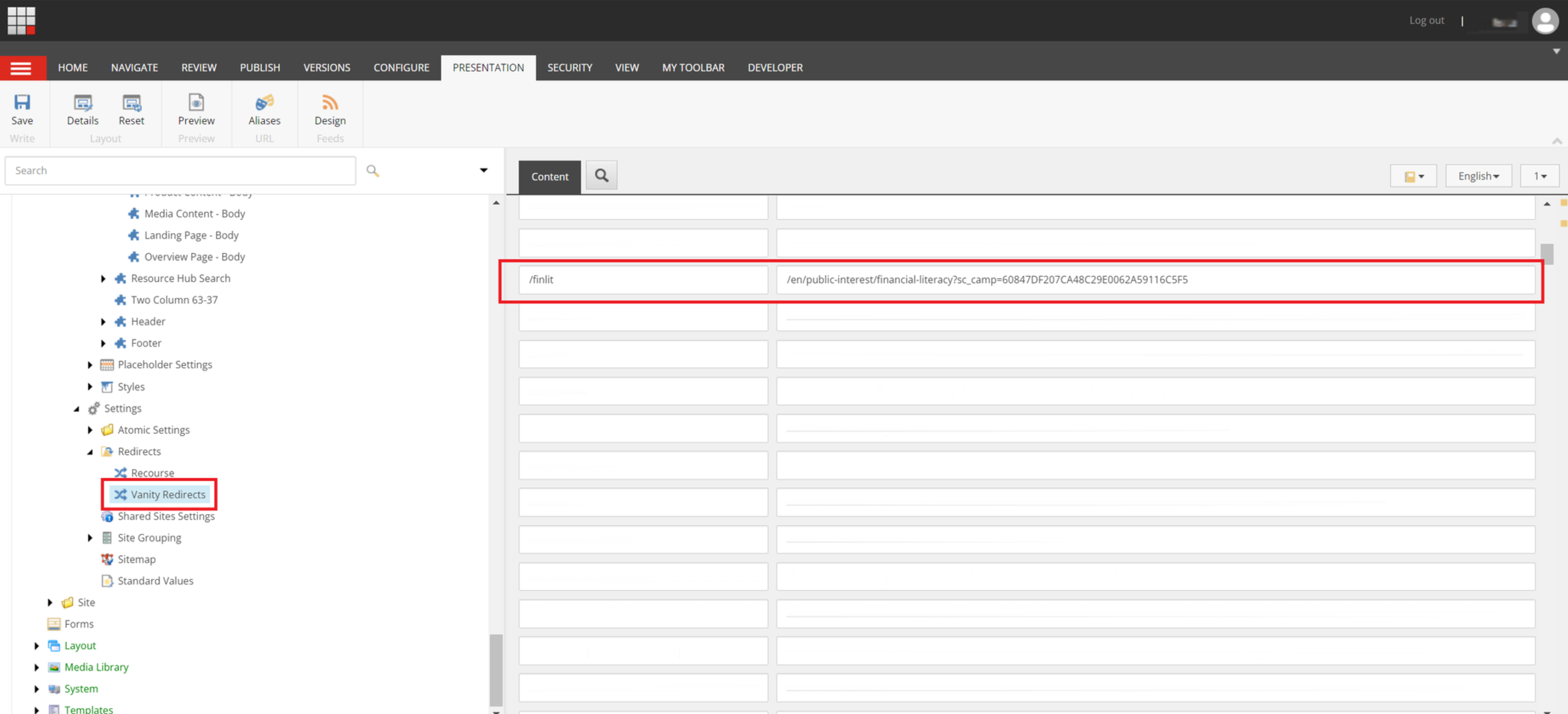Sitecore CMS interface highlighting the Vanity URL redirects section and a 404 page path error.