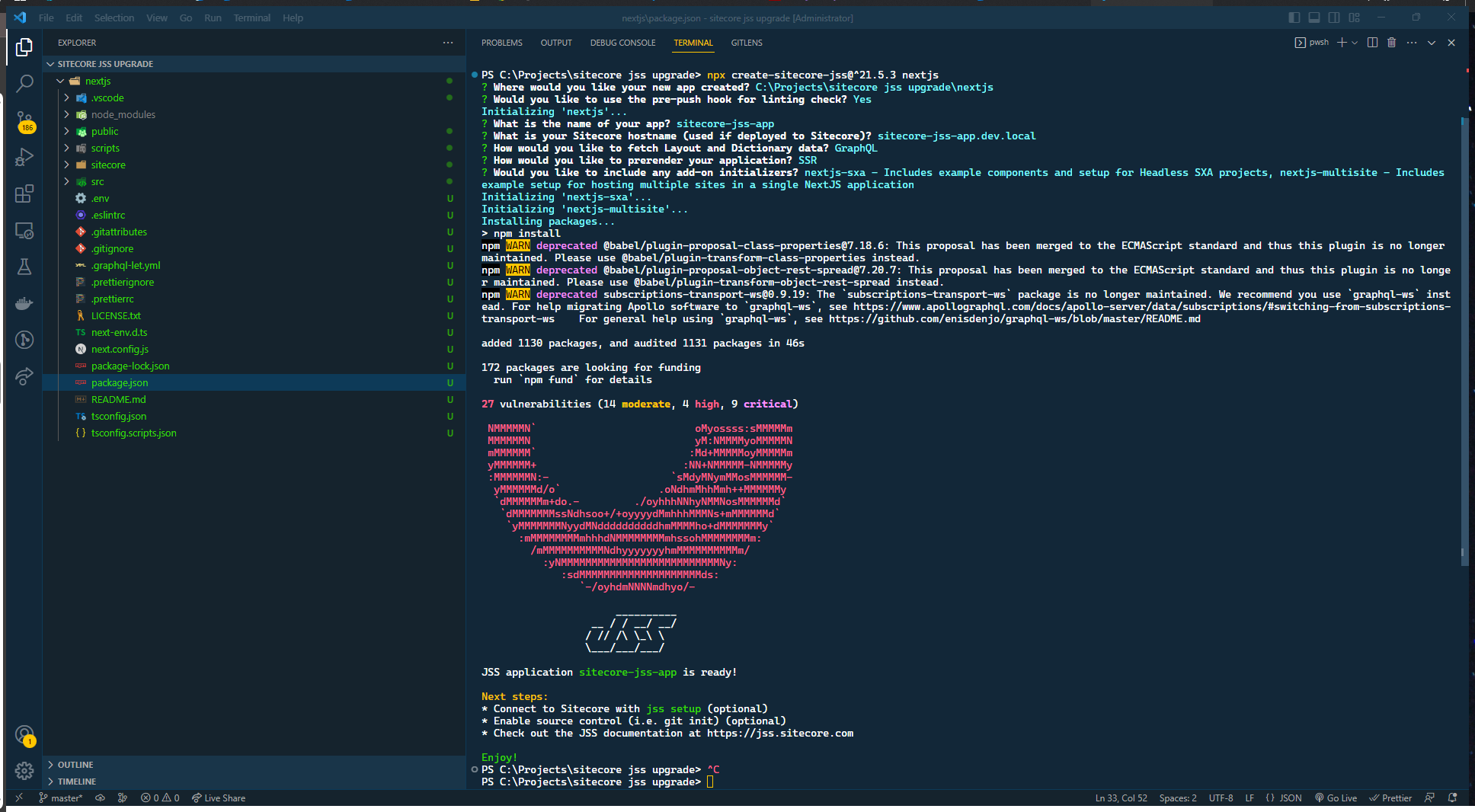 Terminal output showing Sitecore JavaScript Services (JSS) upgrade process with npm installation messages.