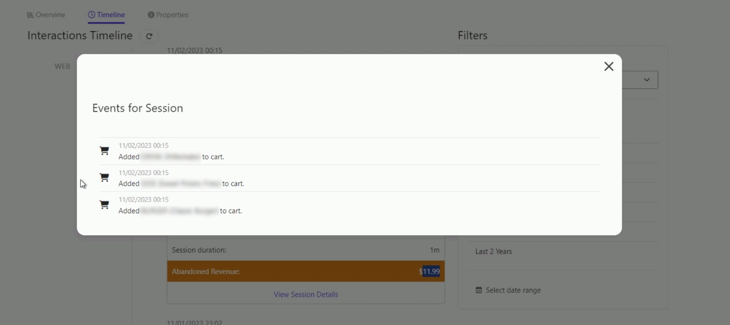 Example of an abandoned session in a guest profile in Sitecore CDP