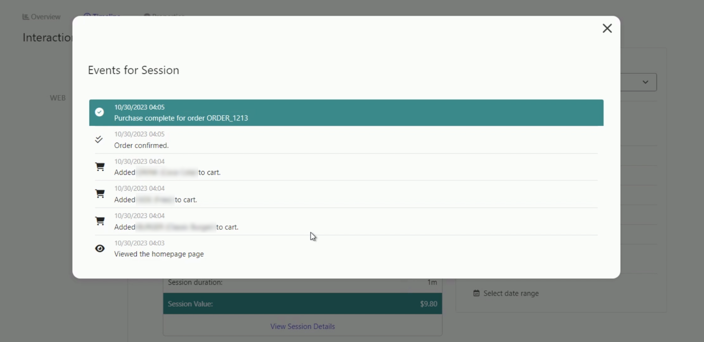 Details of a converted session in a guest profile in Sitecore CDP