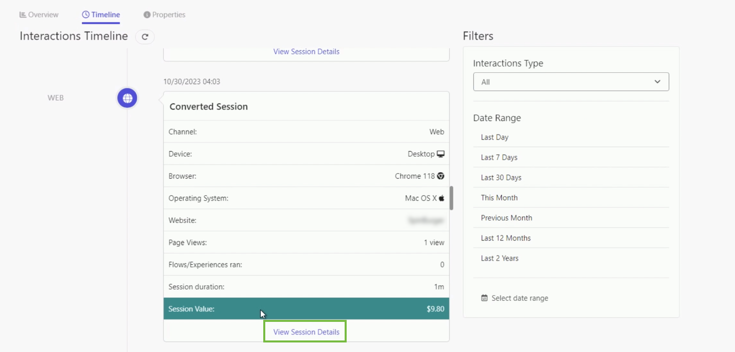 Example of a converted session in a guest profile in Sitecore CDP