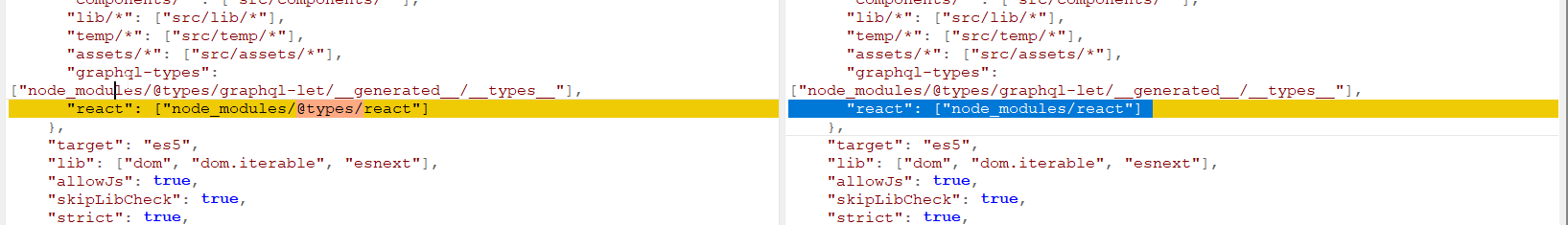 Side-by-side comparison of TypeScript configuration files highlighting changes.