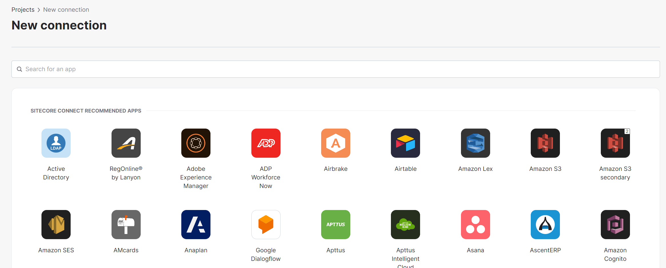 Screen displaying a variety of apps available for creating new connections in Sitecore Connect