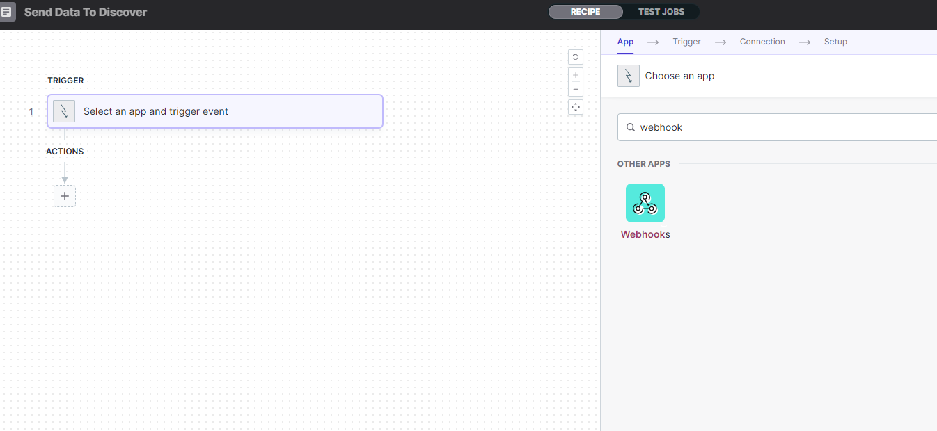 Empty automation recipe setup interface prompting to select an app and trigger event.