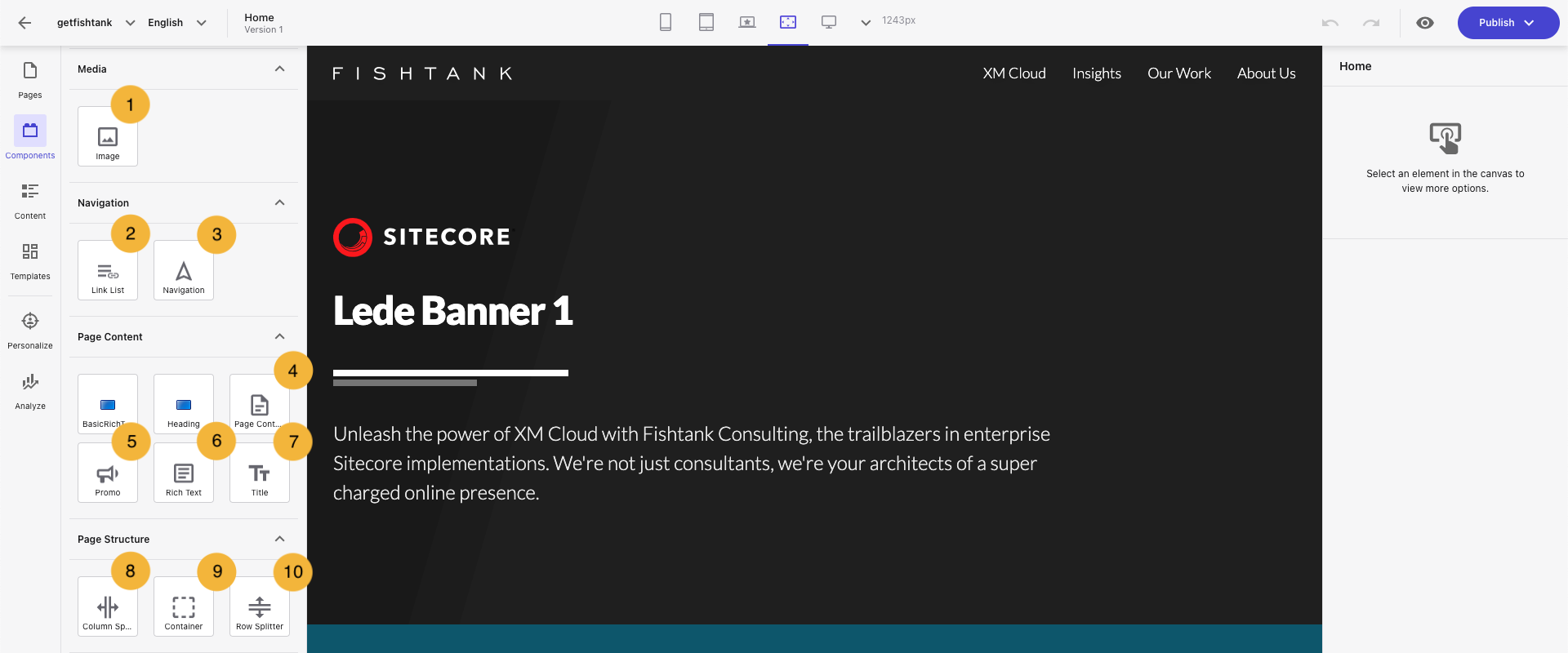 A screenshot of SitecoreAI dashboard displaying a component-based page builder 