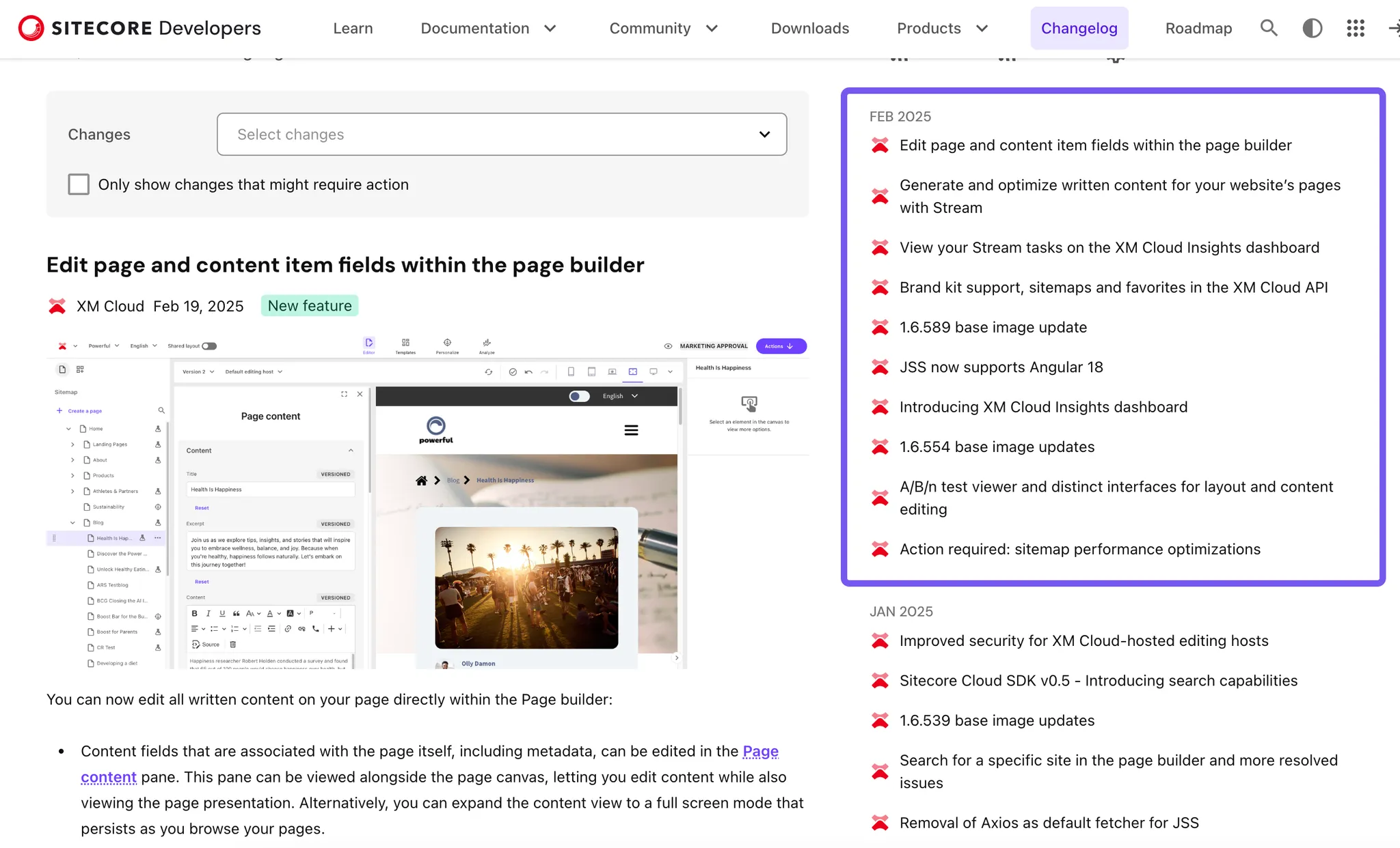 A screenshot of the Sitecore Developers changelog for SitecoreAI updates.