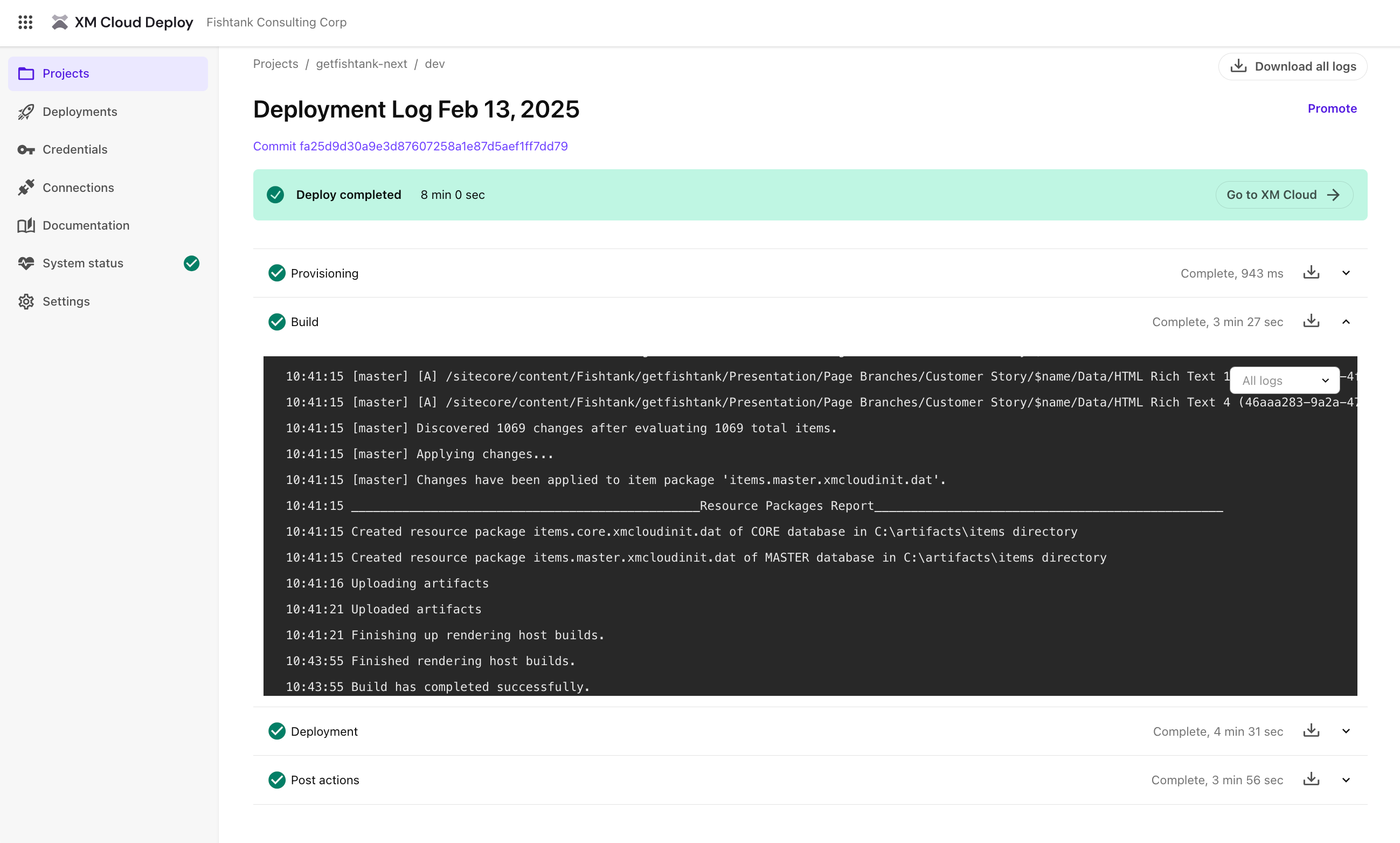 SitecoreAI Deploy interface showing a successful deployment log