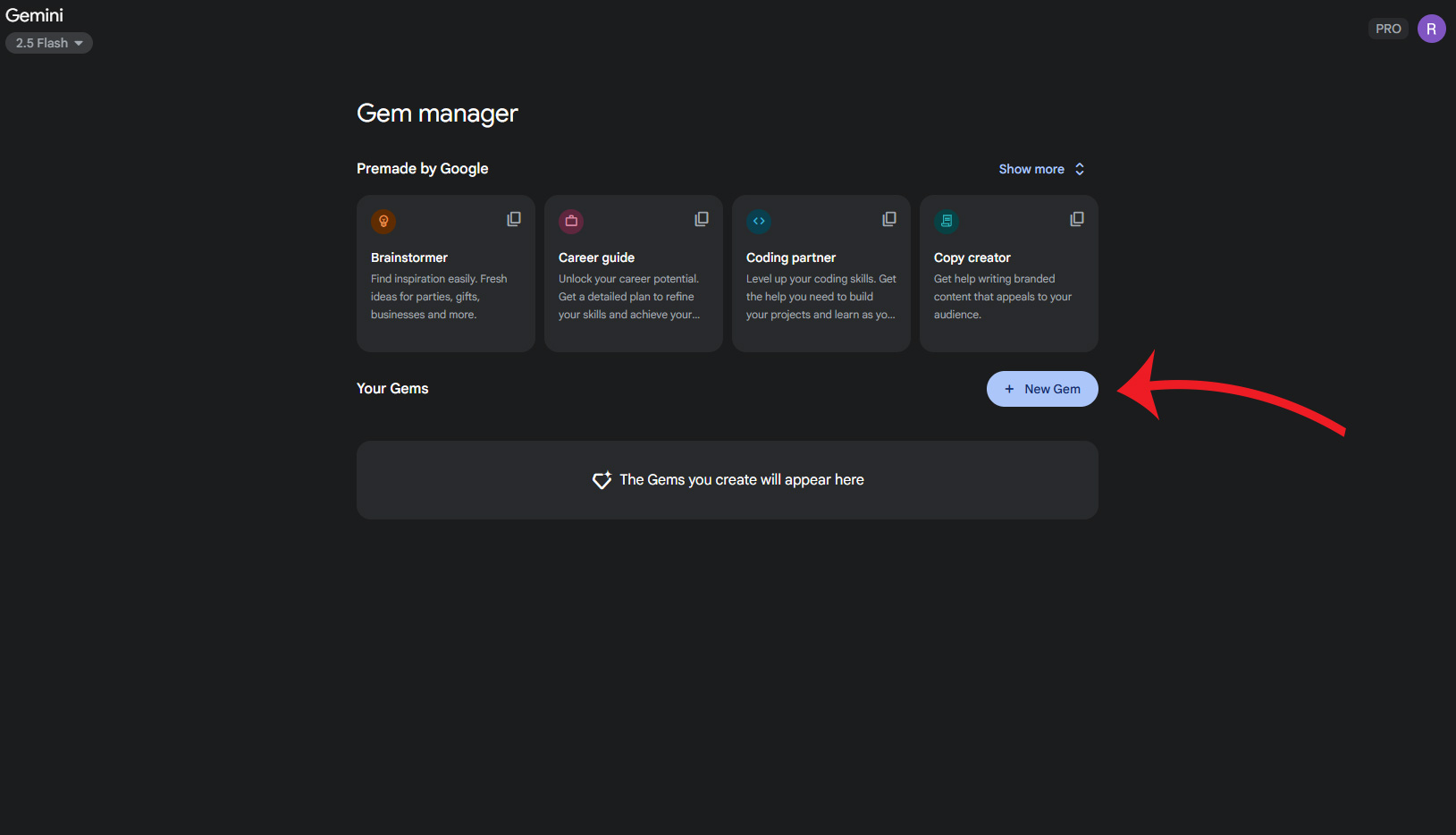 Gemini interface showing the 'New Gem' button to create a new custom Gem.