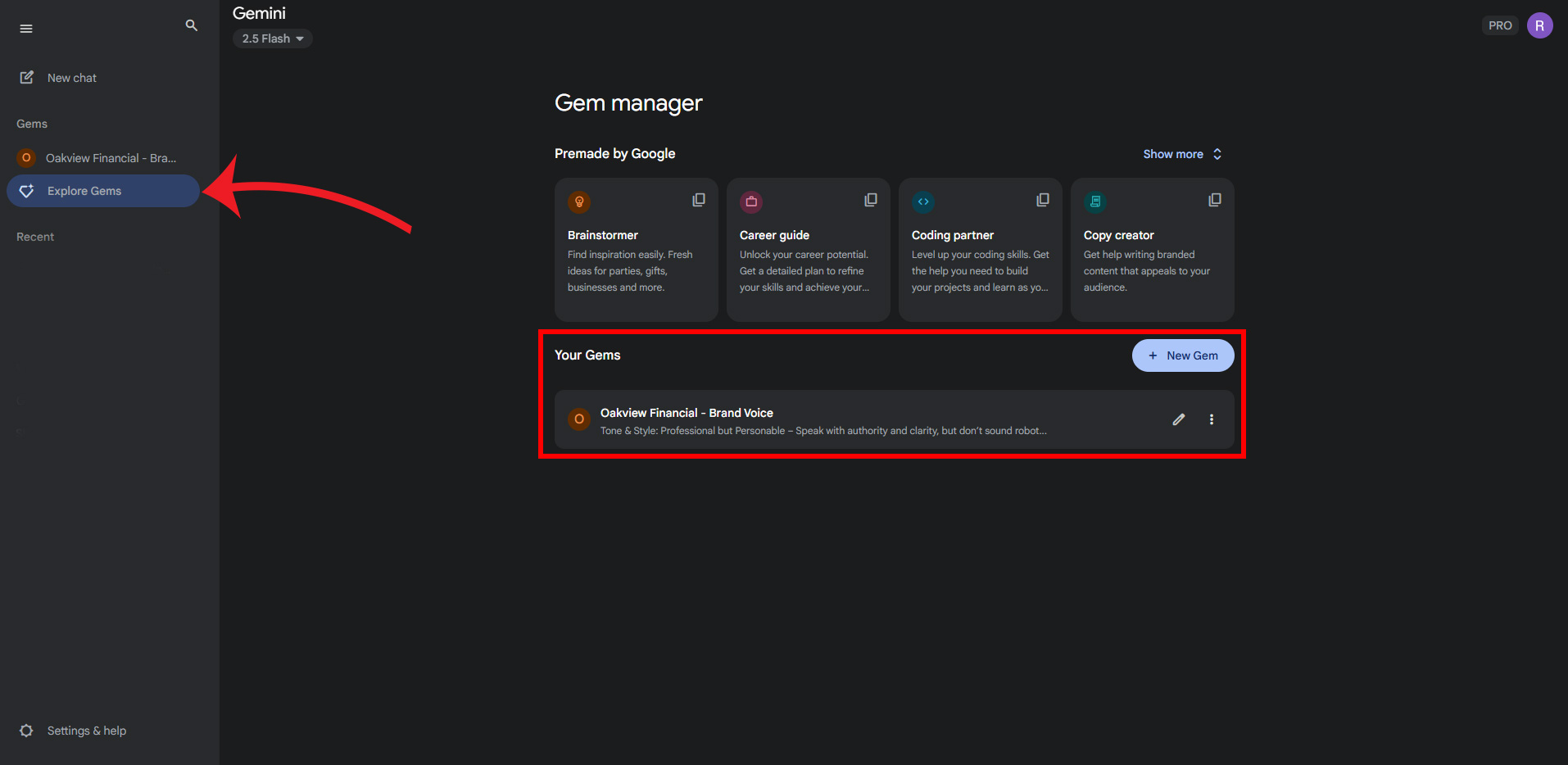 Gem manager screen displaying a newly created Gem and highlighting the 'Explore Gems' menu option.