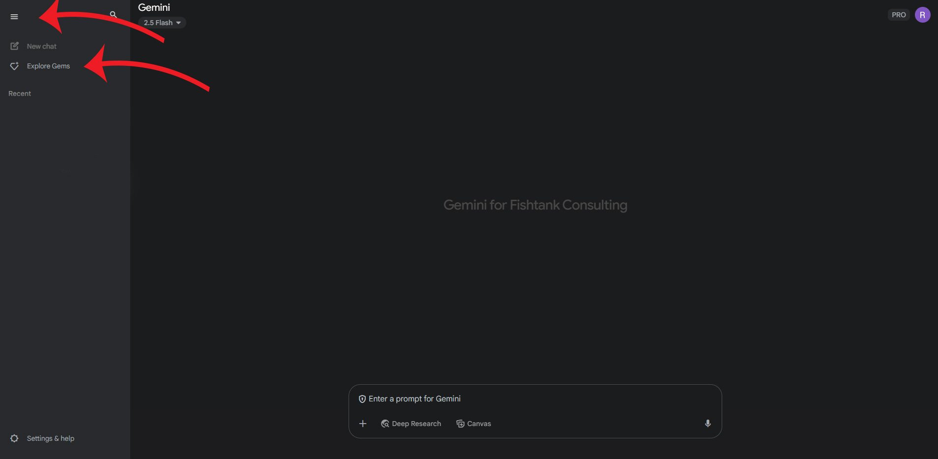 Gemini home screen with the 'Explore Gems' and main menu options highlighted.