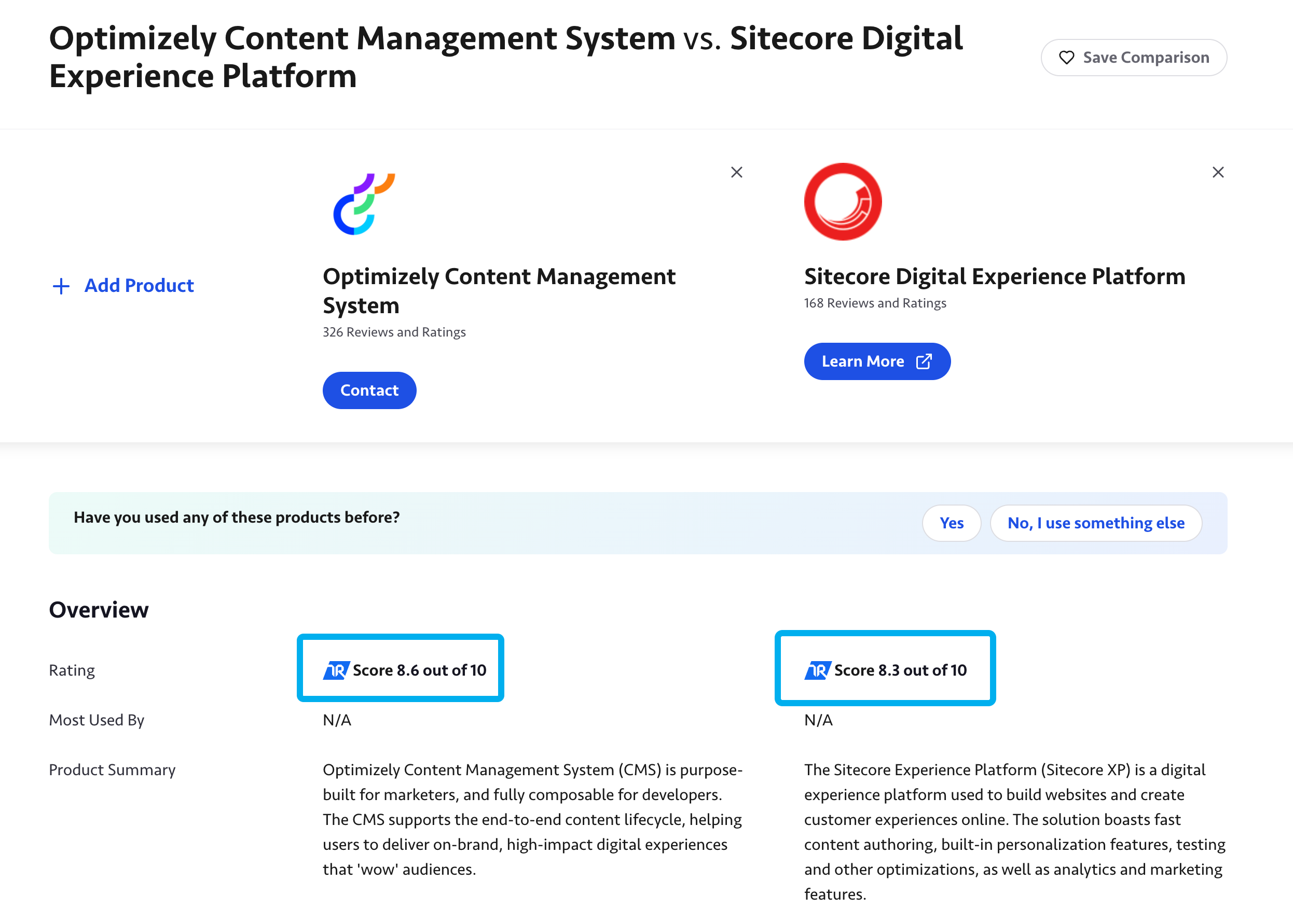 Comparison of overall scores and summaries for Optimizely CMS and Sitecore DXP