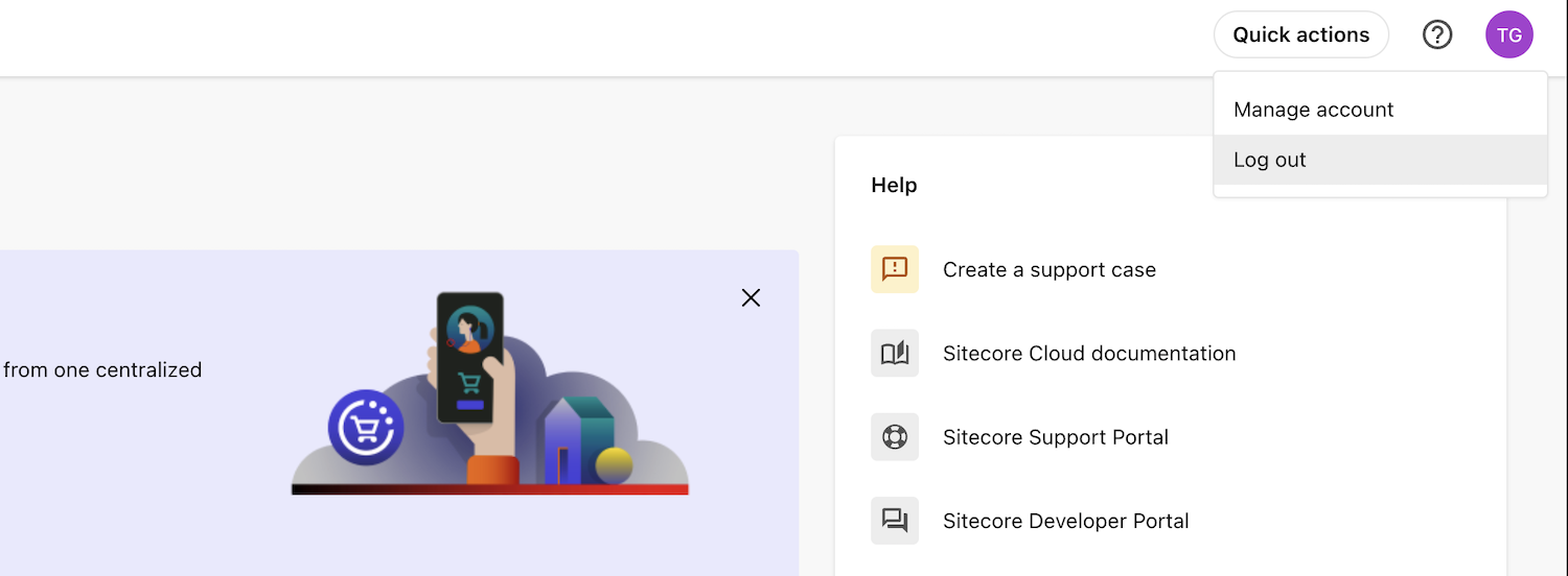 Screenshot of the logout menu in the Sitecore Cloud Portal
