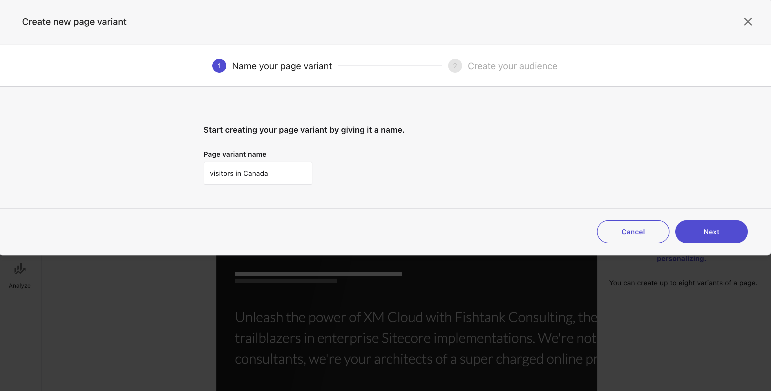 Sitecore XM Cloud page variant audience builder name
