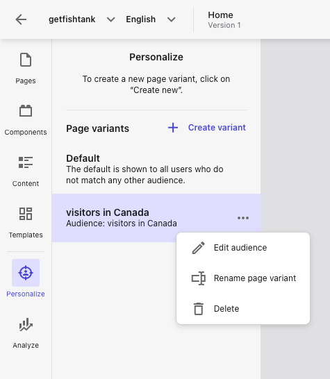 Sitecore XM Cloud page variant menu