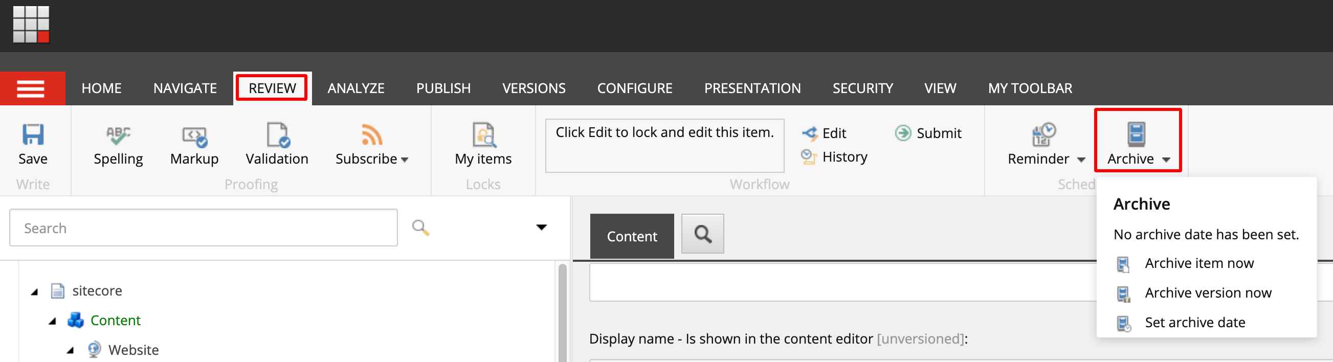 Review and archive in the Sitecore top navigation ribbon