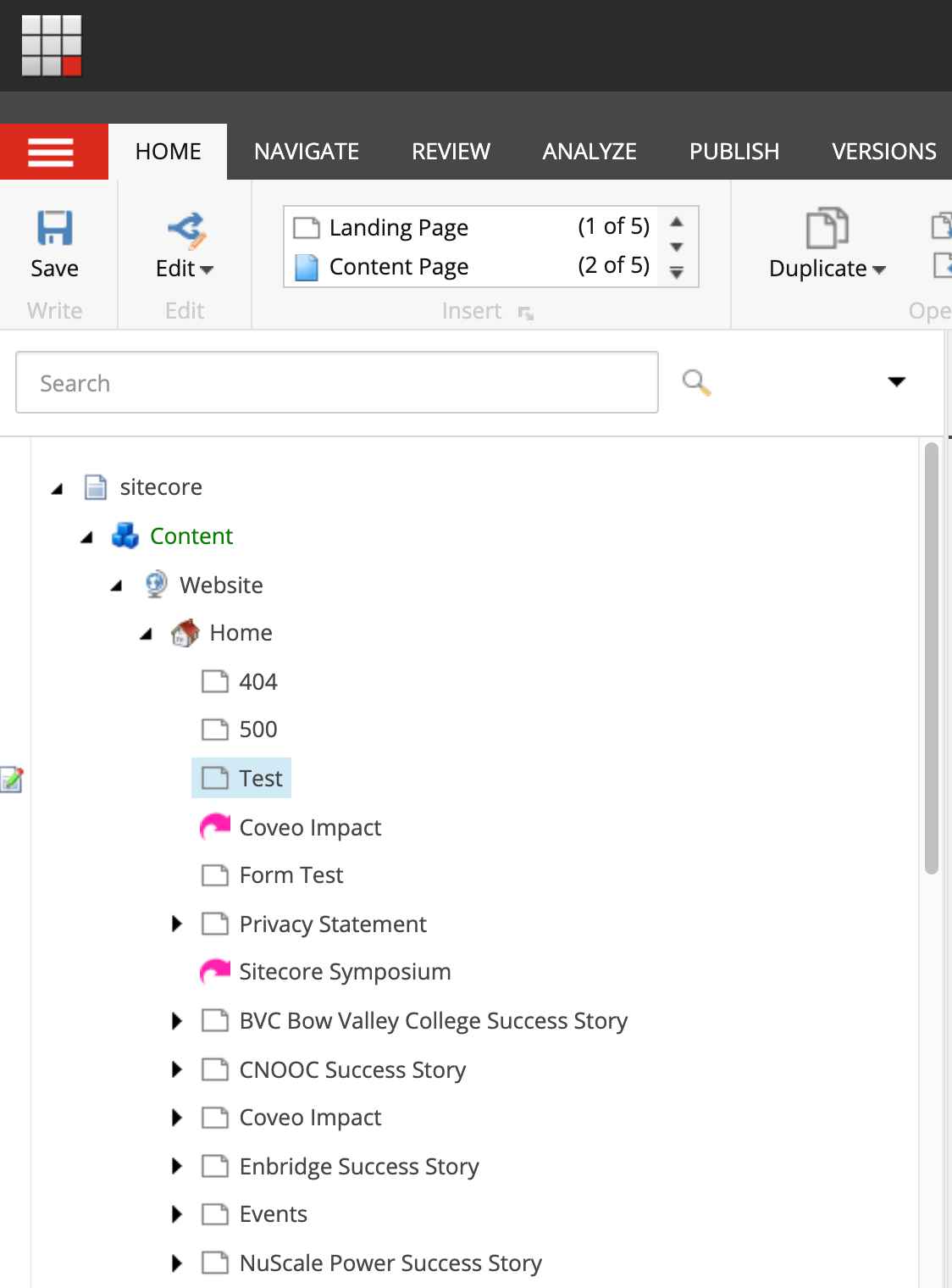 Selecting a page in the content tree screengrab