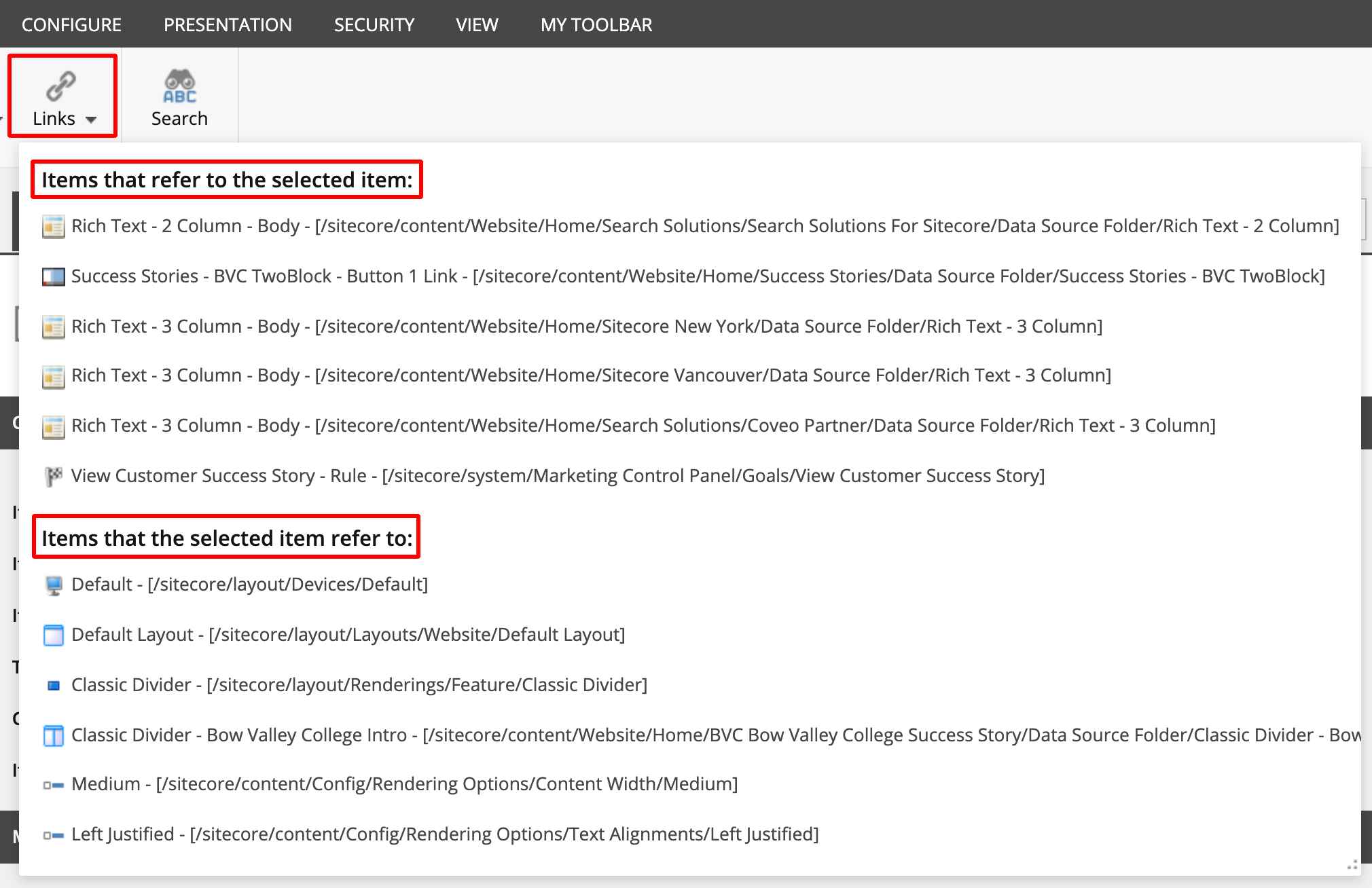 Screenshot of items that refer to the selected item in Sitecore