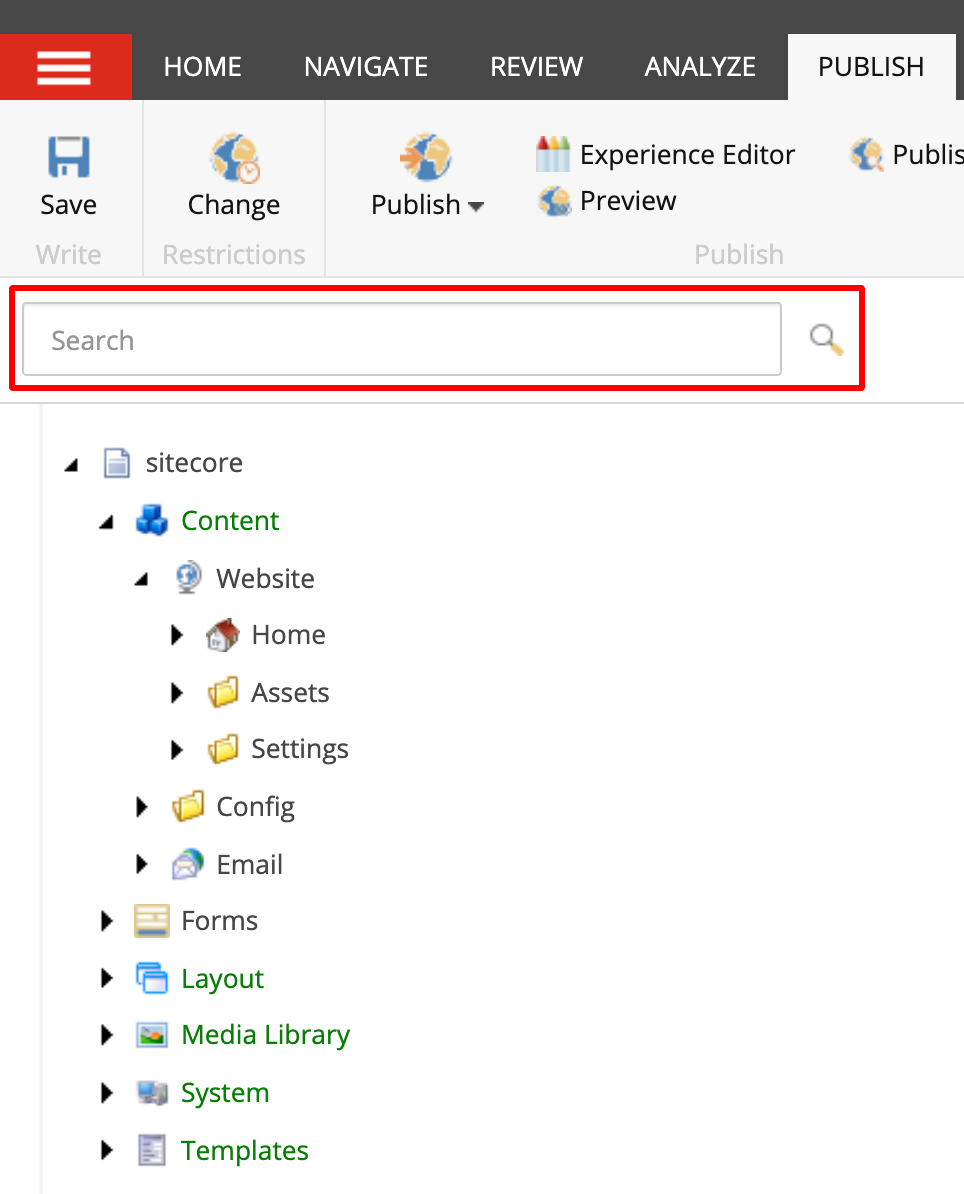 Sitecore content editor search bar screenshot