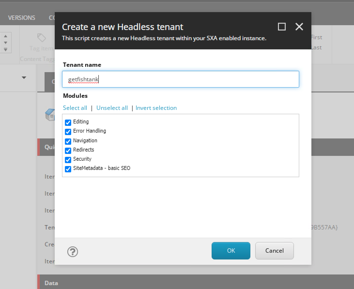 SXA Headless tenant name and modules to install