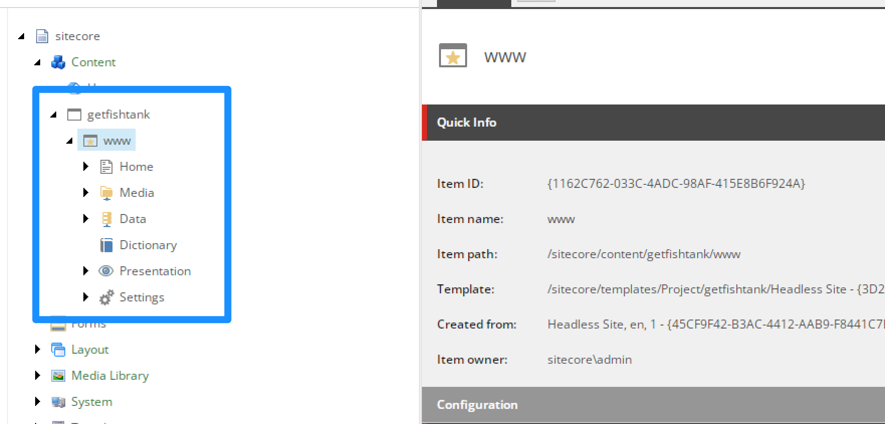 Standard site structure for a Sitecore SXA Headless site.