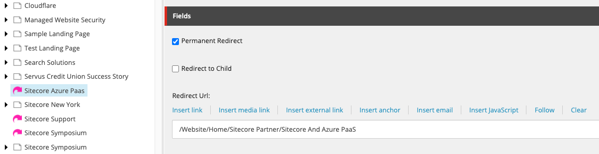 screenshot of internal link feature in sitecore