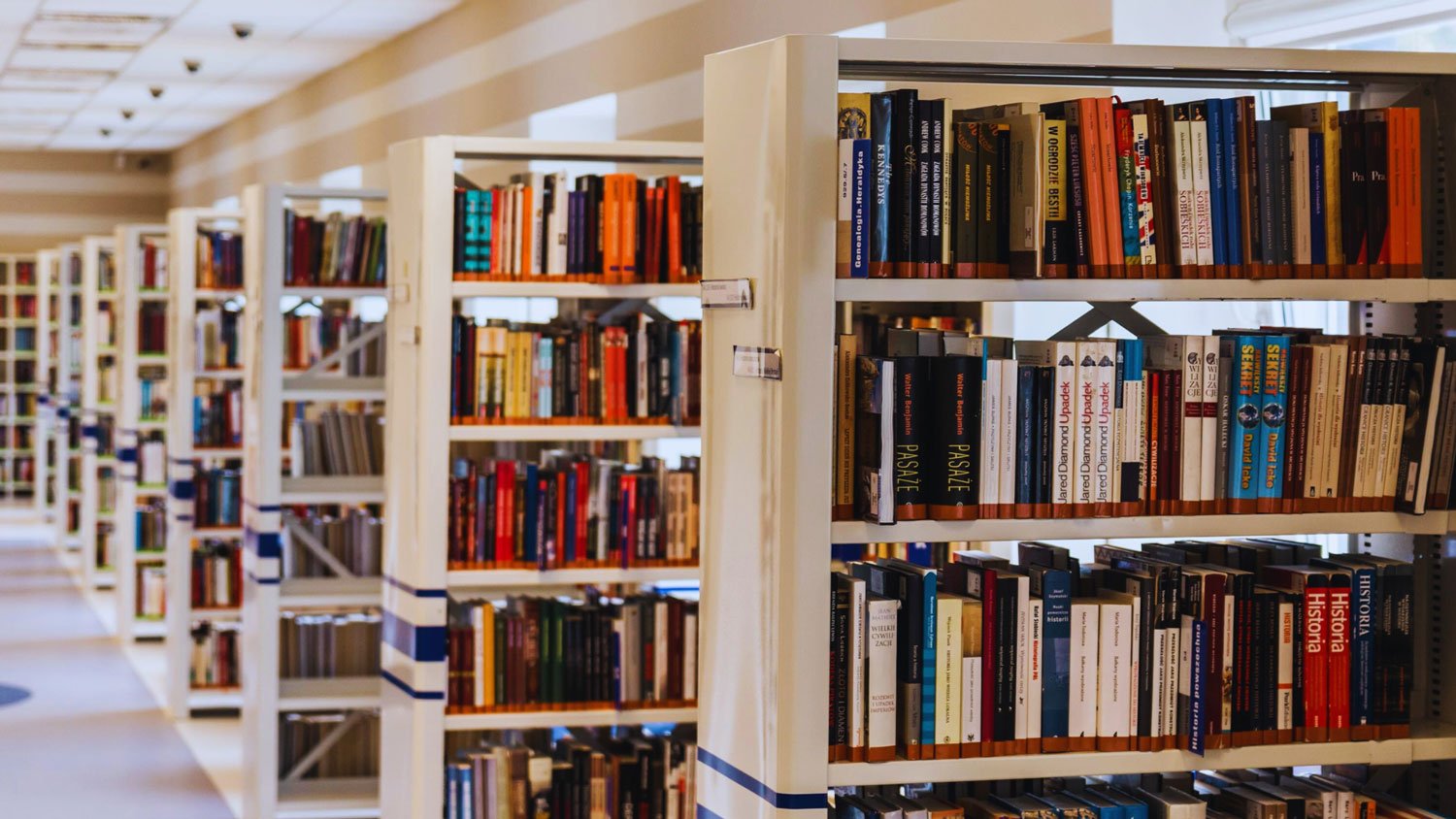 Rows of shelfs in a library that are full of a multitude of different book options