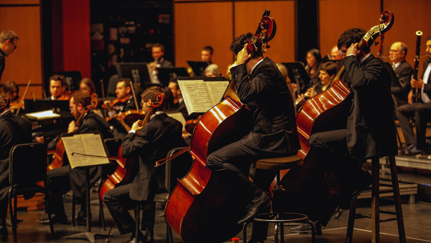 A diverse orchestra performing passionately, with cellists and violinists in the foreground under warm stage lighting