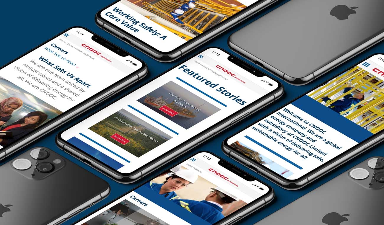 Screenshots of the CNOOC website on multiple iPhones