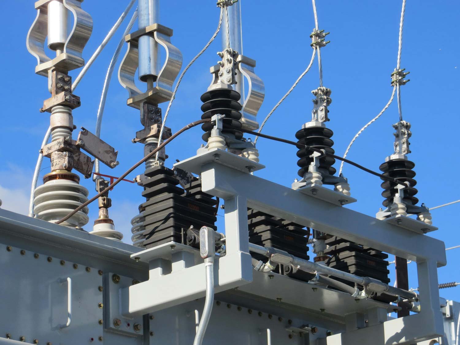 Detailed view of electrical components and insulators at a power plant