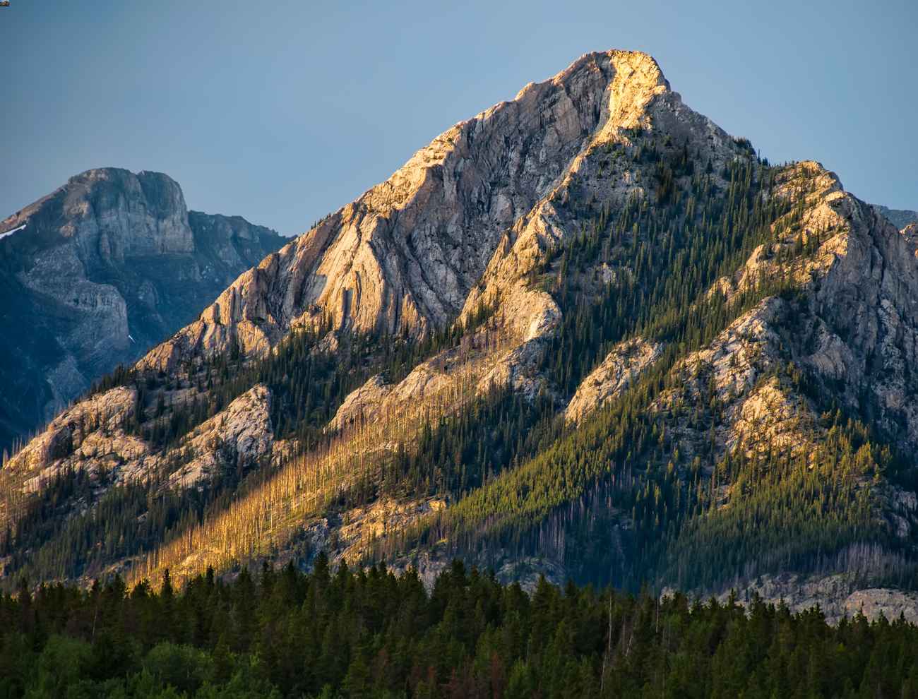 A pyramid looking mountain with blue skies and dense forest.