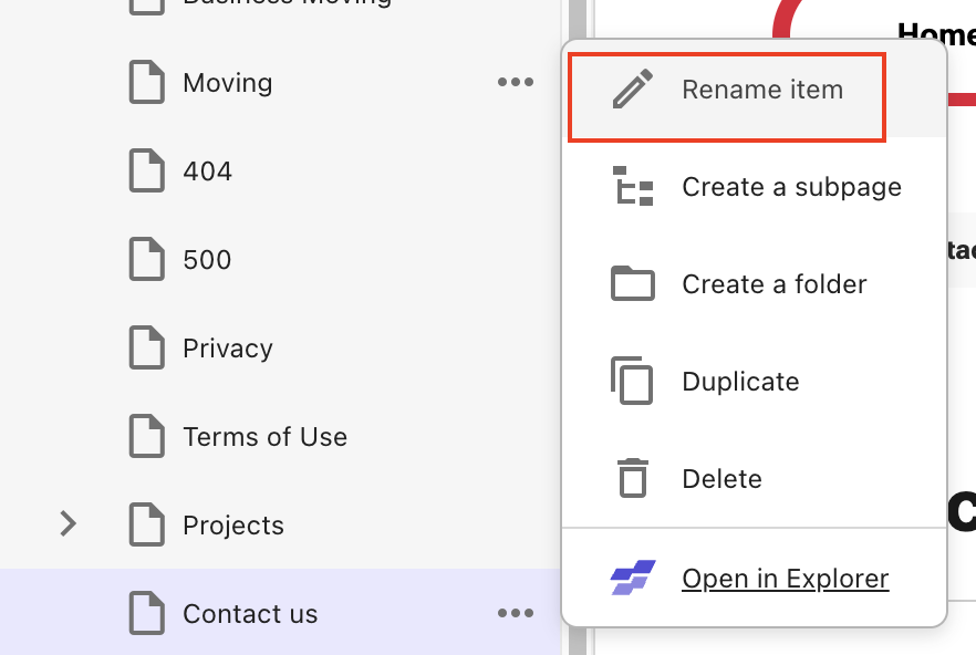 Options for "Rename item" and "Create a subpage" in a content management system's side menu.