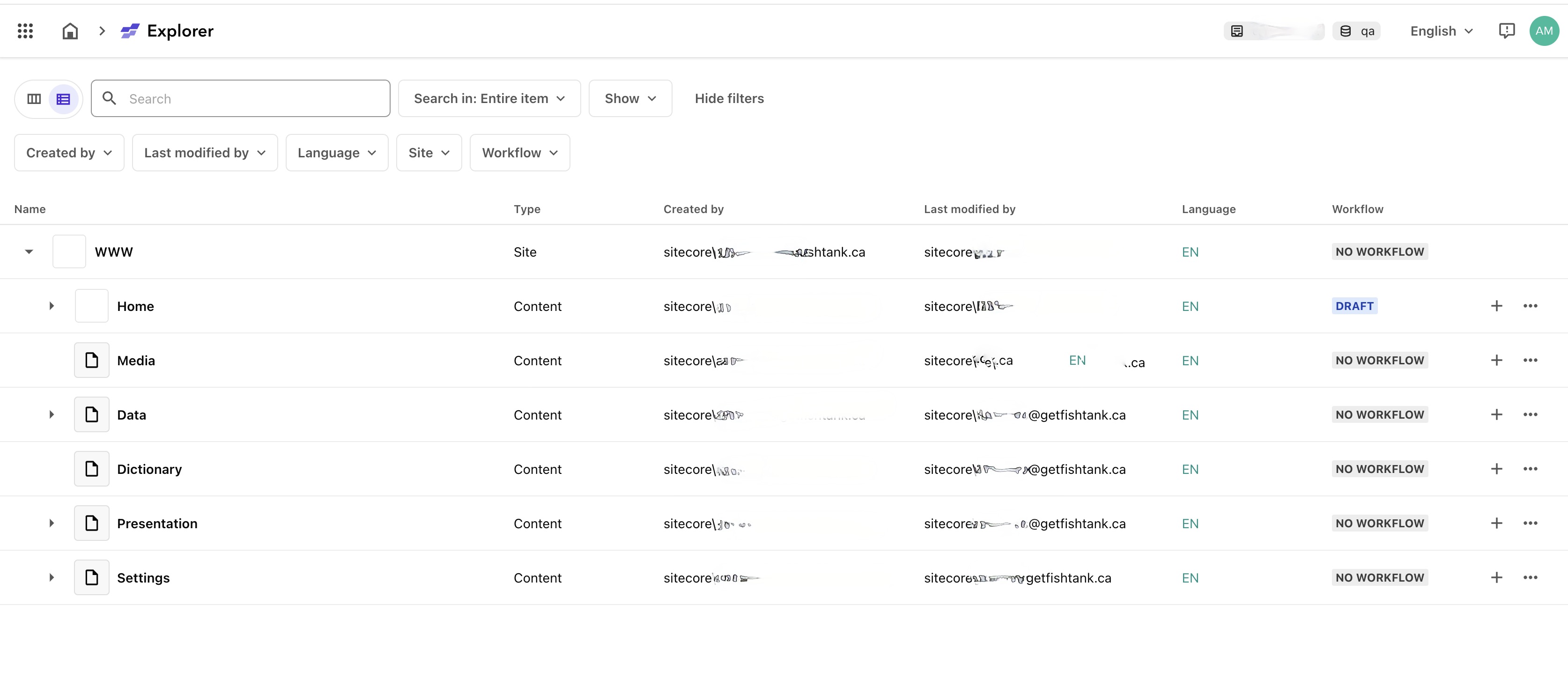 Content management explorer interface showing site sections and workflow statuses.