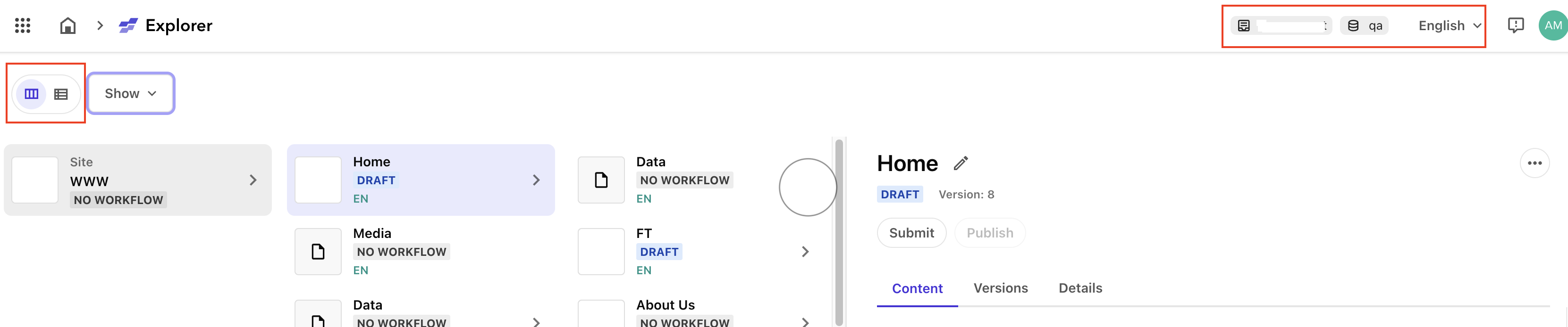 Filter settings dropdown in a content management system with various viewing options.