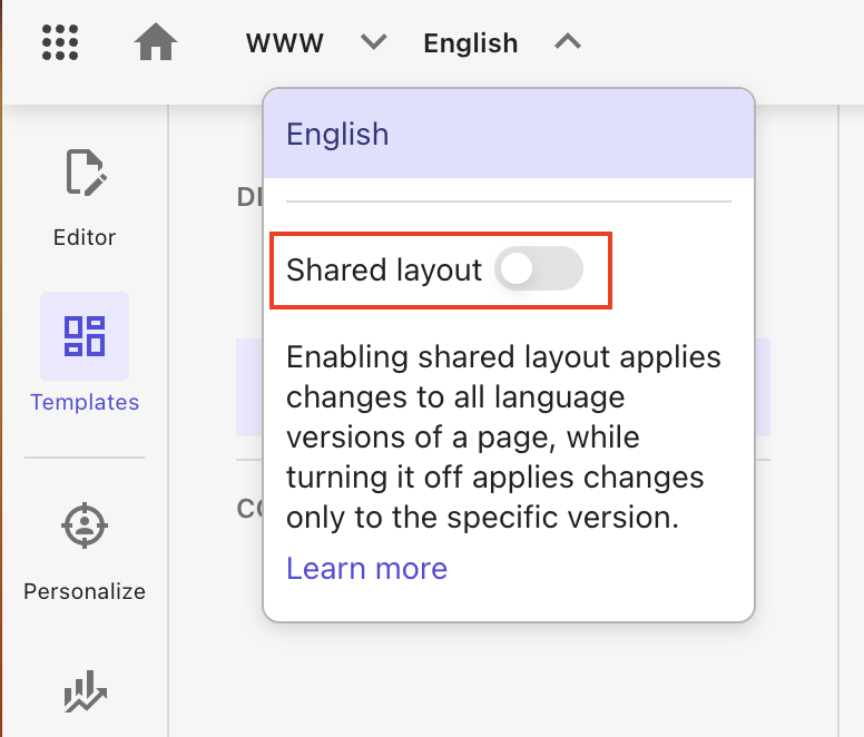 Content management system's page editing interface with language and workflow options.