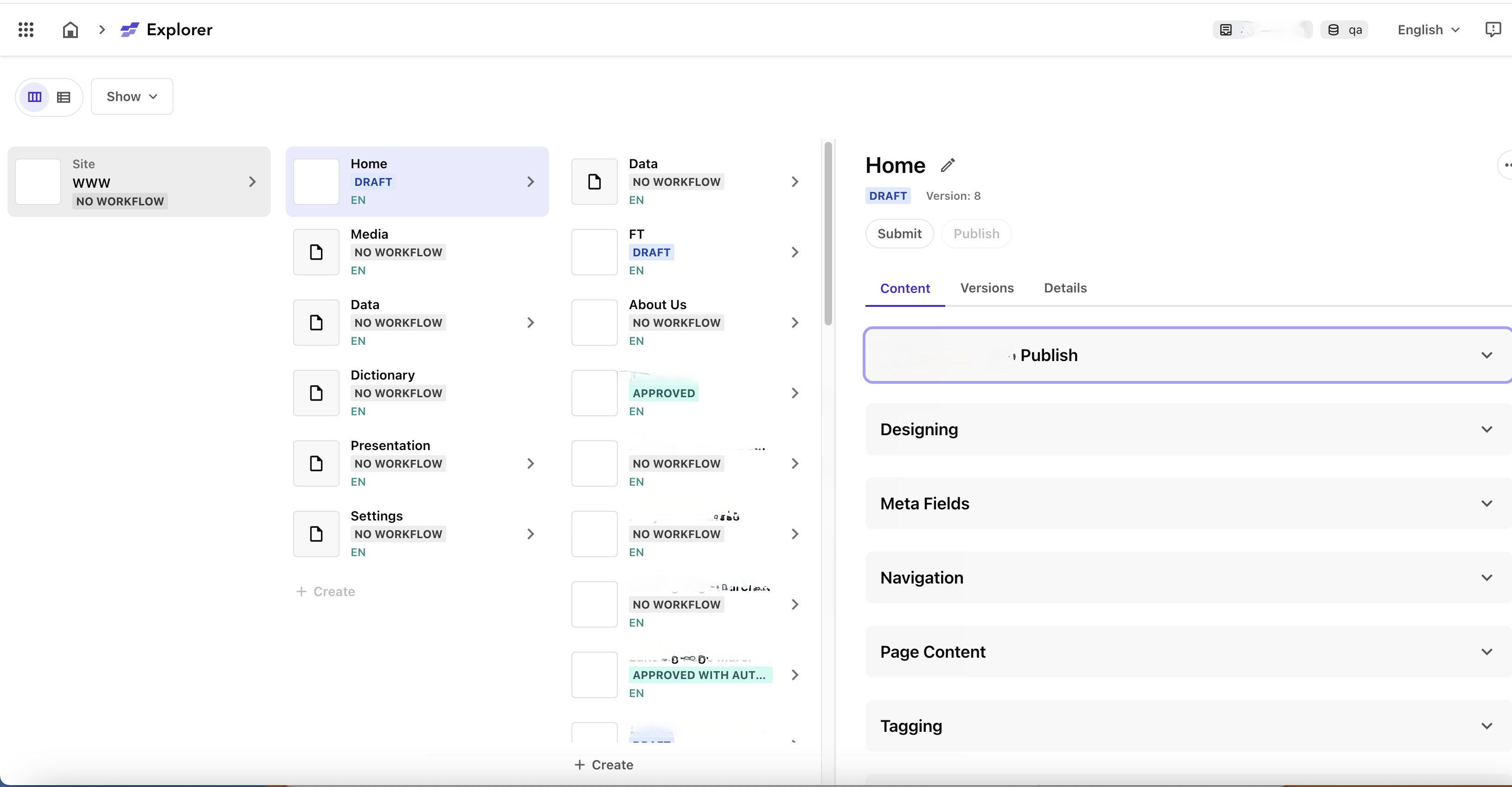 Explorer view showing site structure and page status like "DRAFT" and "APPROVED" in a CMS.