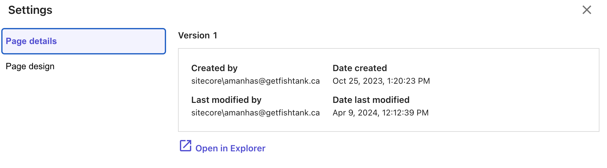 Overview of page details including creation and modification information in a site management tool.