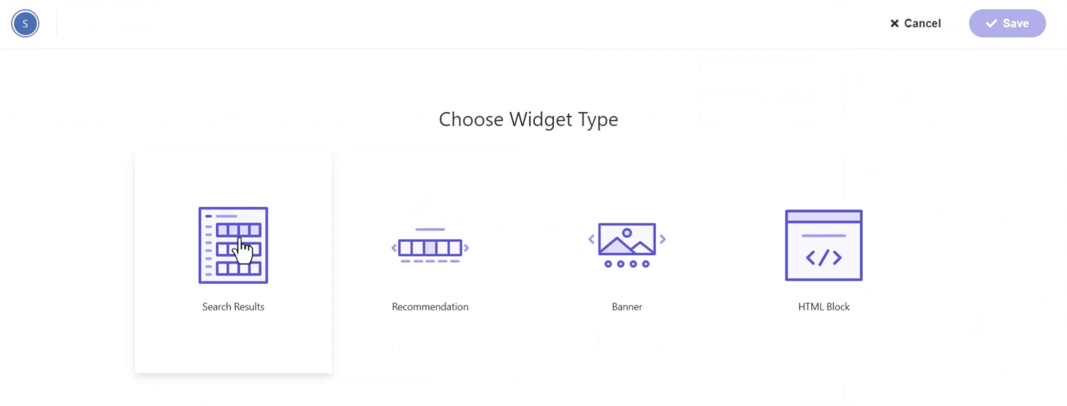 Interface for selecting widget types like search results, recommendation, banner, or HTML block.